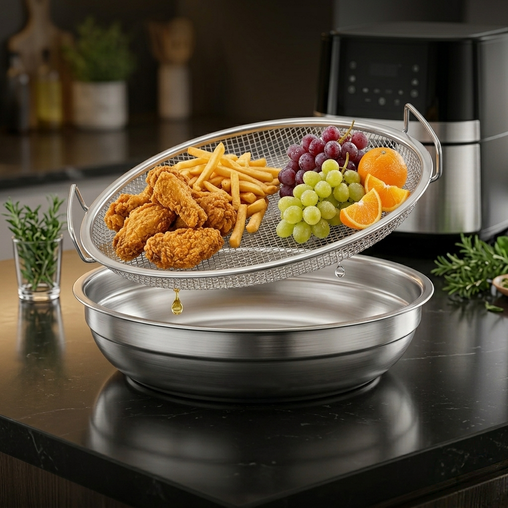 Stainless Steel Oil Filter Tray Mesh Round Air Fryer Drain Basket with Handle Rust-proof Fried Food Draining Rack Fruit. Store For Universe