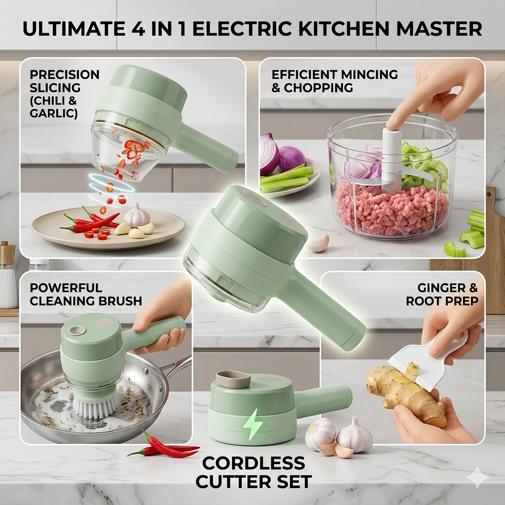 4-in-1 Handheld Electric Vegetable Cutter Set | Cordless Food Chopper & Slicer