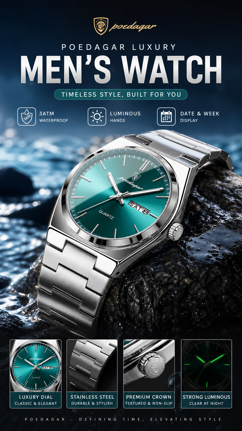 POEDAGAR Luxury Men's Watches Waterproof Luminous Date Week Men Watch Stainless Steel Casual Fashion Quartz Man Wristwatch Reloj Store For Universe